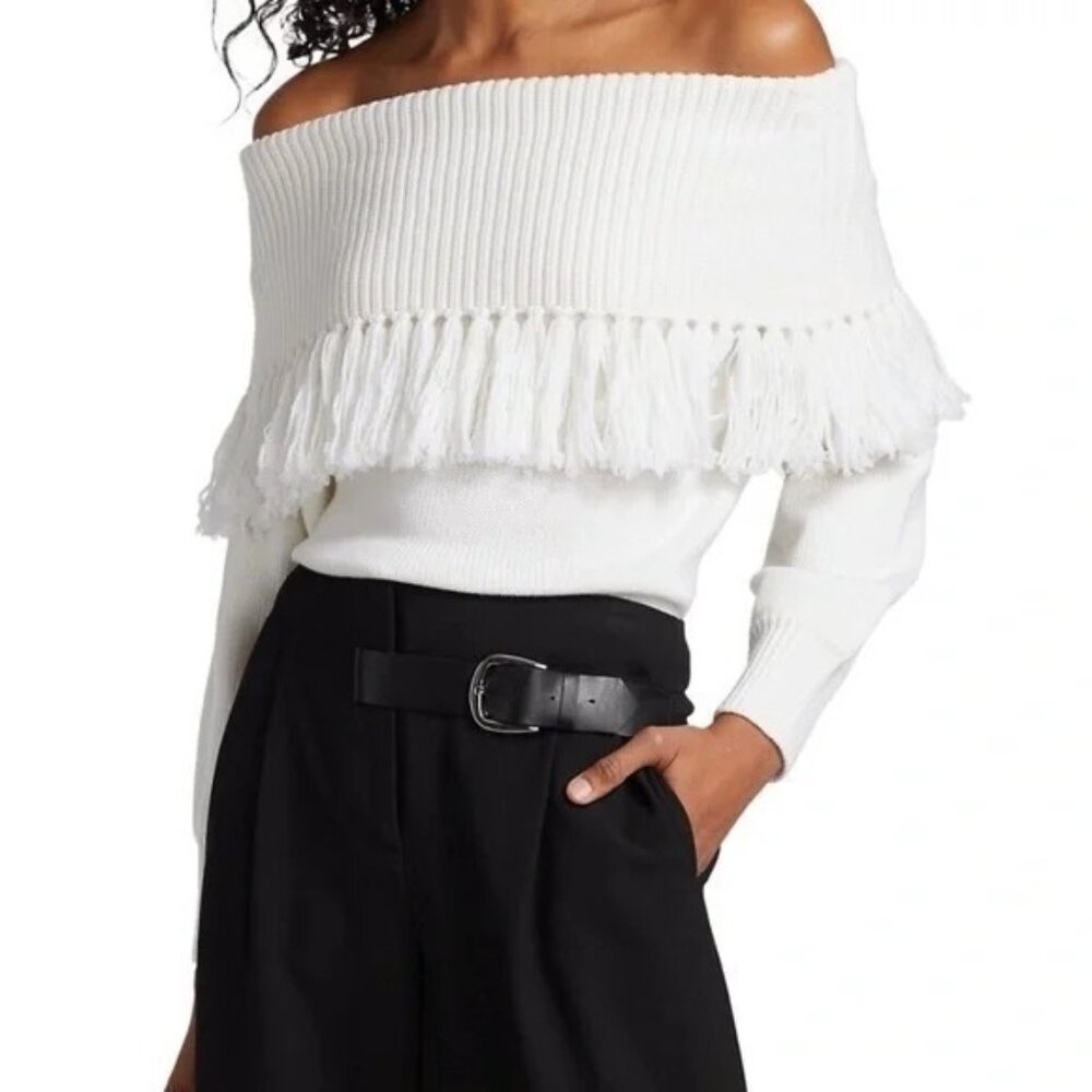 Alice + Olivia Bardot Fringe Off Shoulder Pullover In Soft White - Picture 13 of 14